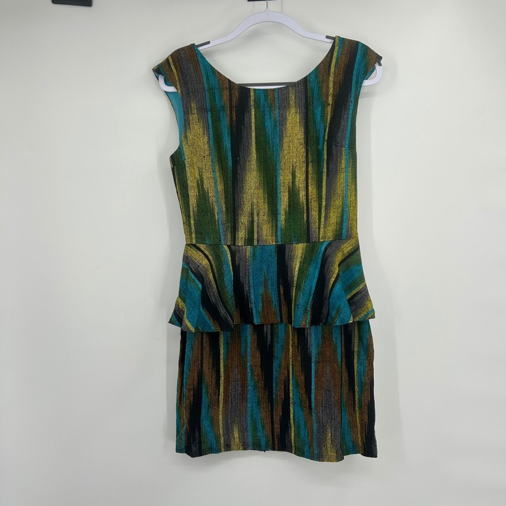 Loeffler Randall Pamplum Peplum Dress Blue Green Ikat Silk Size 6 Side Zip